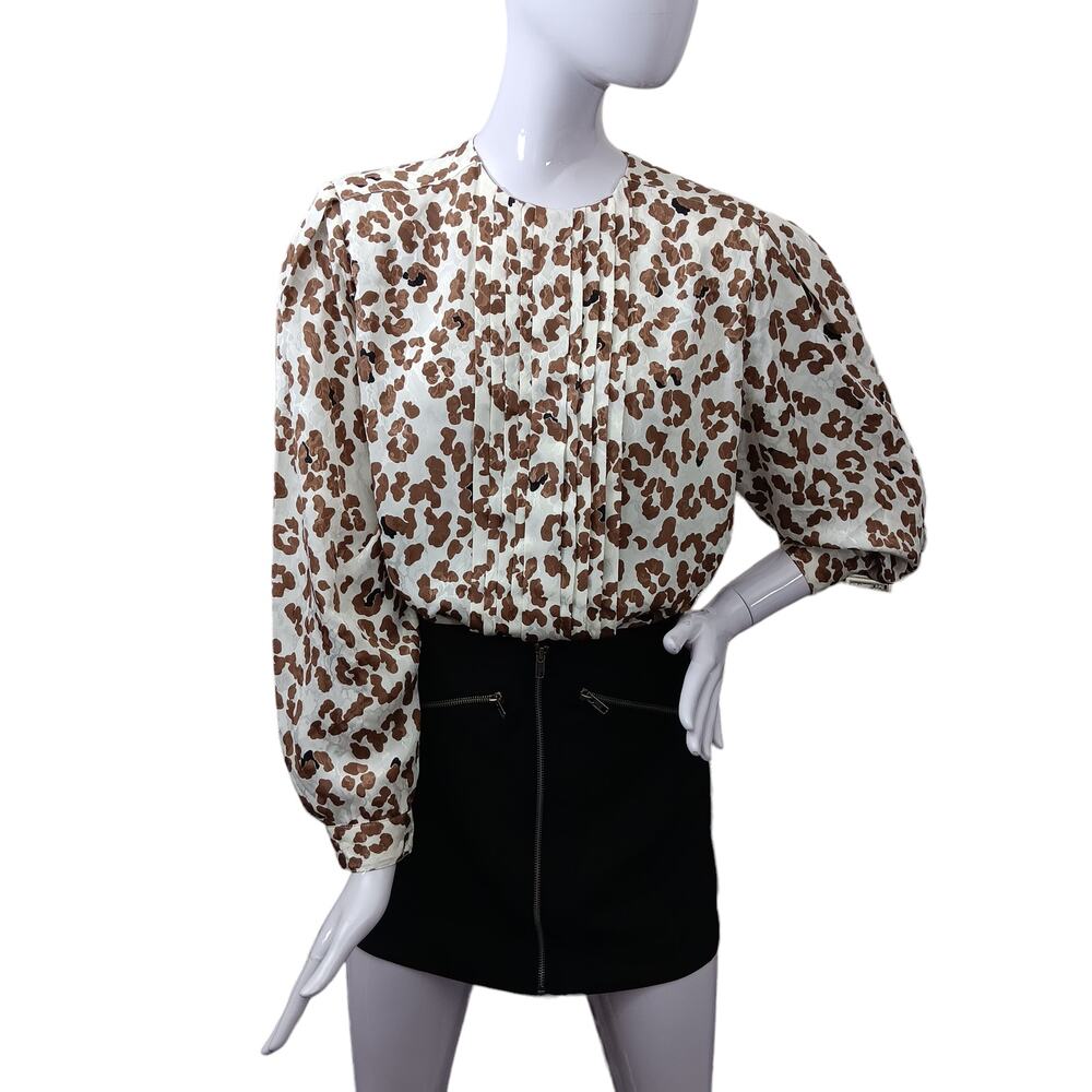 Vintage Marlis Animal Print Blouse Size 12 Brown and White Long Sleeve - Picture 2 of 11